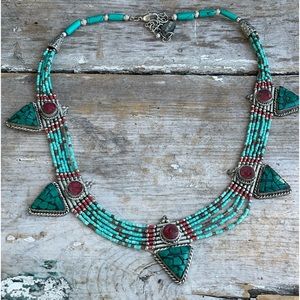 Tanjore turquoise silver & coral beaded statement bib tribal necklace